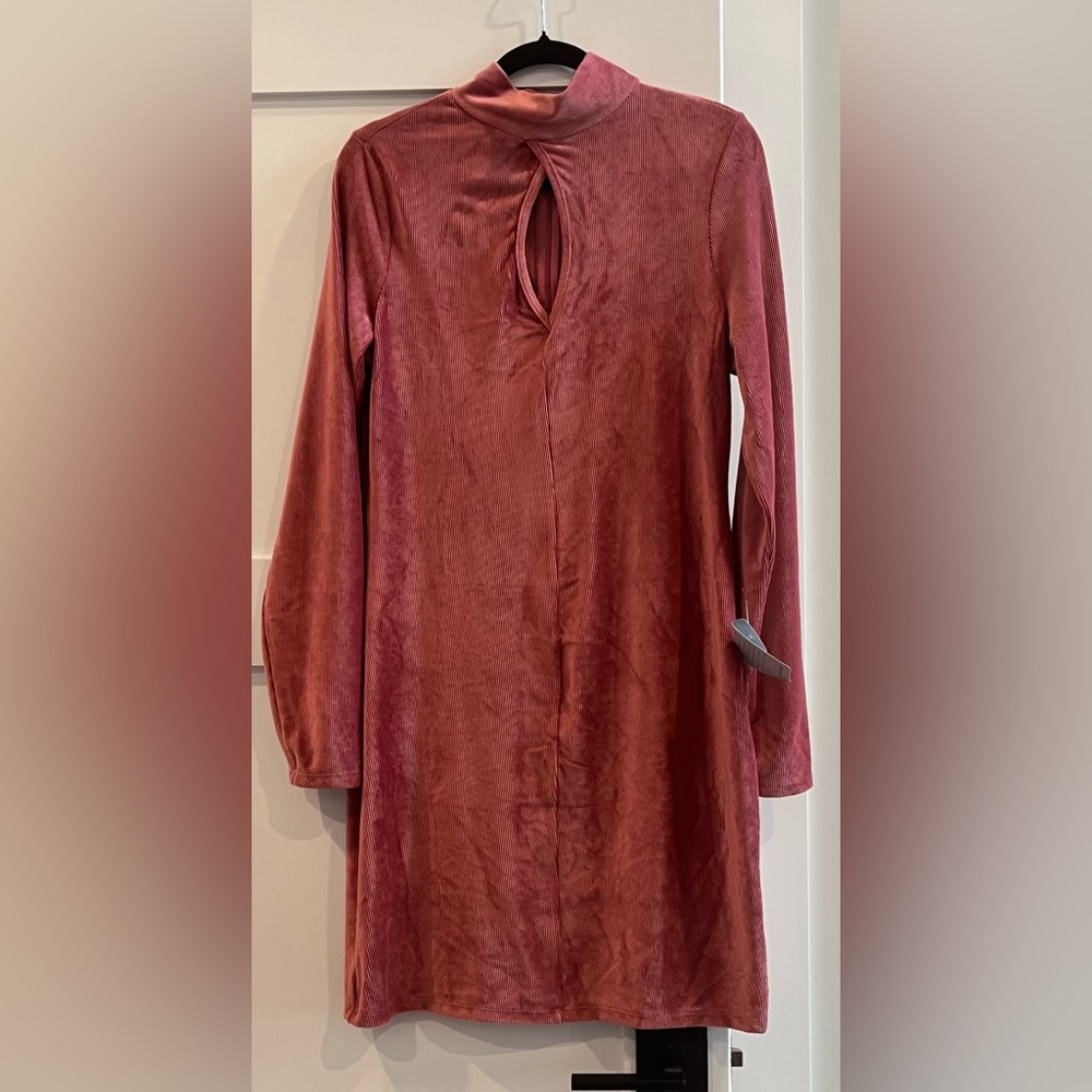 NWT Dual Nature Ribbed Velour Mockneck Dress w Keyhole in Mauve - Size L